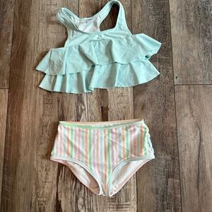 Ruffle Butts Mint Green and Pastel Striped Kids Swimsuit